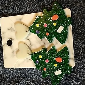 Acrylic Tree Christmas Earrings 1 1/2 x 2 inches Green Glitter & White